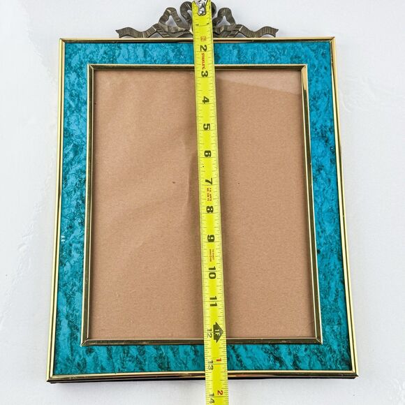 Vintage Turquoise Enamel & Brass Ribbon Bow Picture Frame 8x10 Ornate MCM Decor - Picture 8 of 9